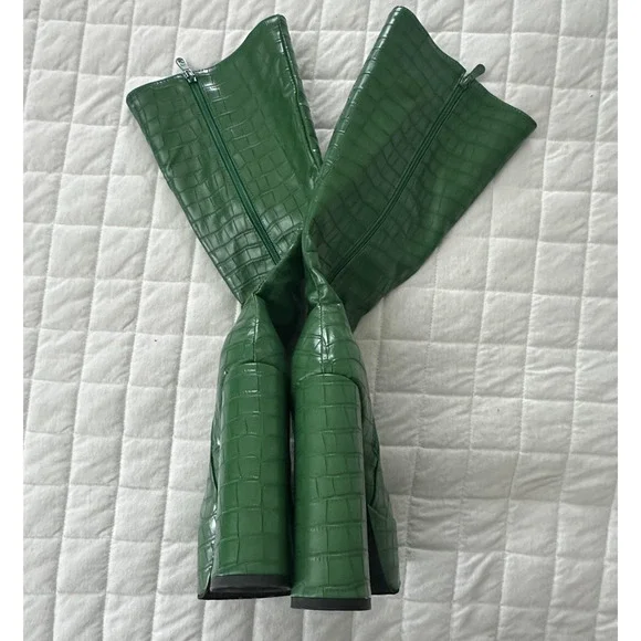 JINGPIN Womens Platform Boots 36 Green Faux Crocodile High Block Heel US 6 Glam - Picture 12 of 16